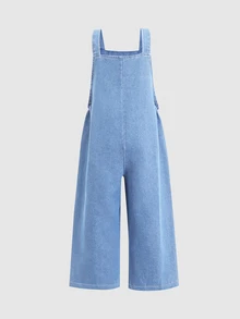 SHEIN Girls' Denim Effect Adjustable Strap Overalls, Butterfly & Heart Print Front Pockets, Loose Wide Leg Blue Jumpsuit, Big Girls' Set - Light Wash - View 3
