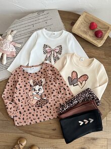 SHEIN 6件組幼兒女嬰可愛奶油色棕色黑色動物印花愛心蝴蝶結針織長袖圓領修身舒適秋季休閒女童T恤褲裝 - 棕色 - 查看 5