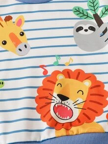SHEIN Baby Newborn Boy's Cute Cartoon Pattern Striped T-Shirt + Elastic Waist Long Winter Pants Set - Blue - View 3