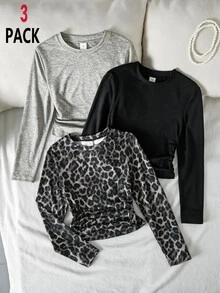 SHEIN Tween Girls 3pcs Set Crew Neck Slim Fit Long Sleeve T-Shirt, Leopard Print Black Brown Casual Ruched Tops, Autumn Winter Fall Outfits Clothing Pack - Multicolor - View 3