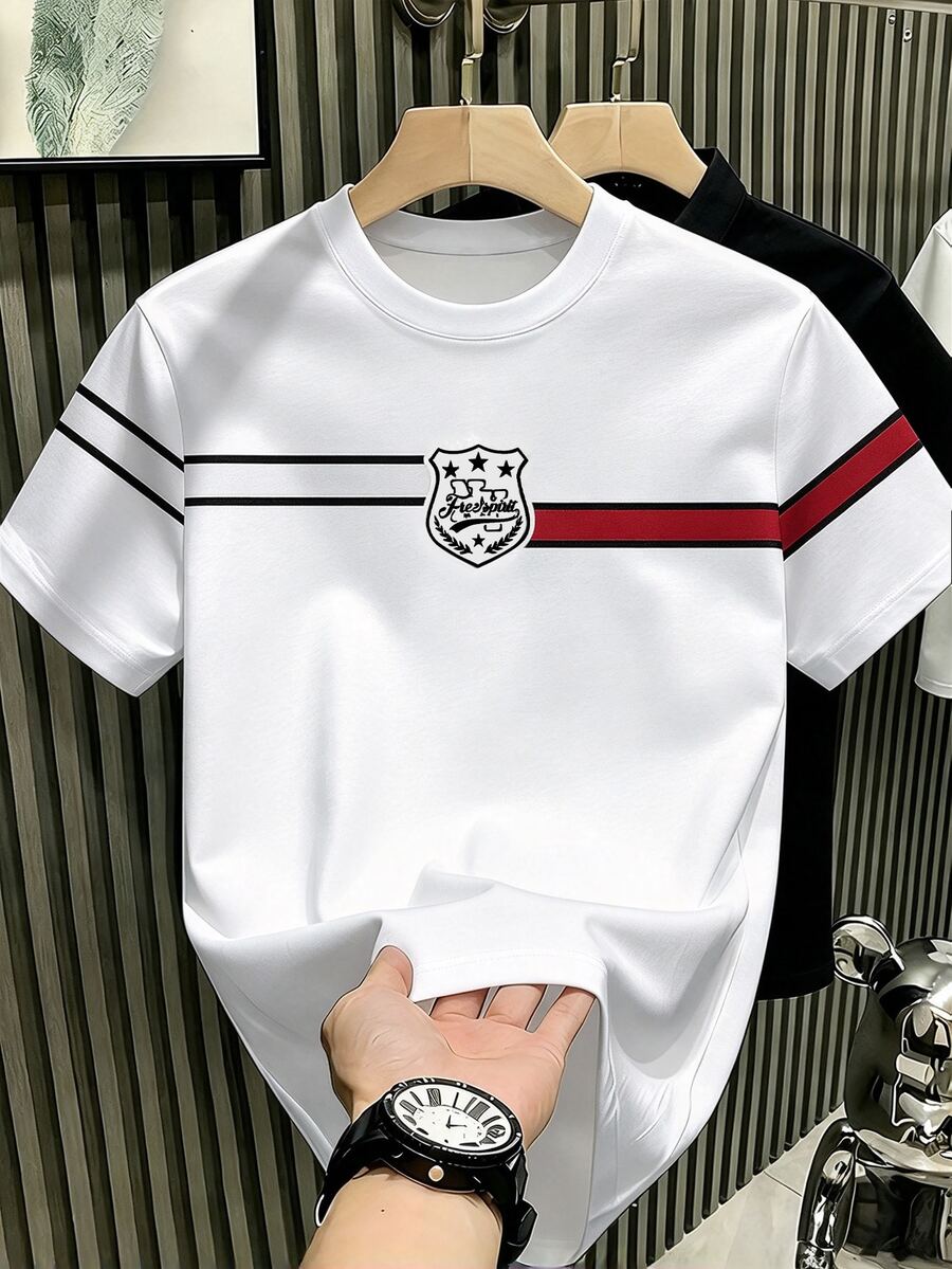HypeHours Men's Classic Casual Striped Colorblock NY New York Emblem T-Shirt, Suitable For Daily Wear And Gatherings - Multicolor - View 1