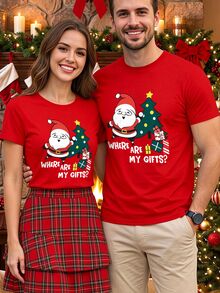 Manfinity Homme Men's Funny Christmas T-Shirt Where Is My Gift Santa Claus Print Short Sleeve Holiday Party Top Christmas Gift For Men Red Winter Cute Casual - Red - View 2