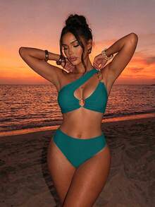 SHEIN Swim 女款夏季海灘素色鏤空性感比基尼泳衣套裝 - 水鴨藍 - 查看 1