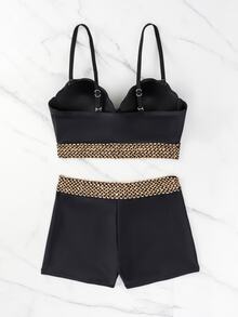 SHEIN Swim Stitch Tape Tankini Set Scallop Trim Push Up Cami Top & Shorts 2 Piece Bathing Suit,Summer Beach - Black - View 6