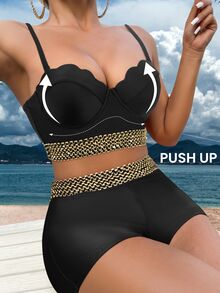 SHEIN Swim Stitch Tape Tankini Set Scallop Trim Push Up Cami Top & Shorts 2 Piece Bathing Suit,Summer Beach - Black - View 1