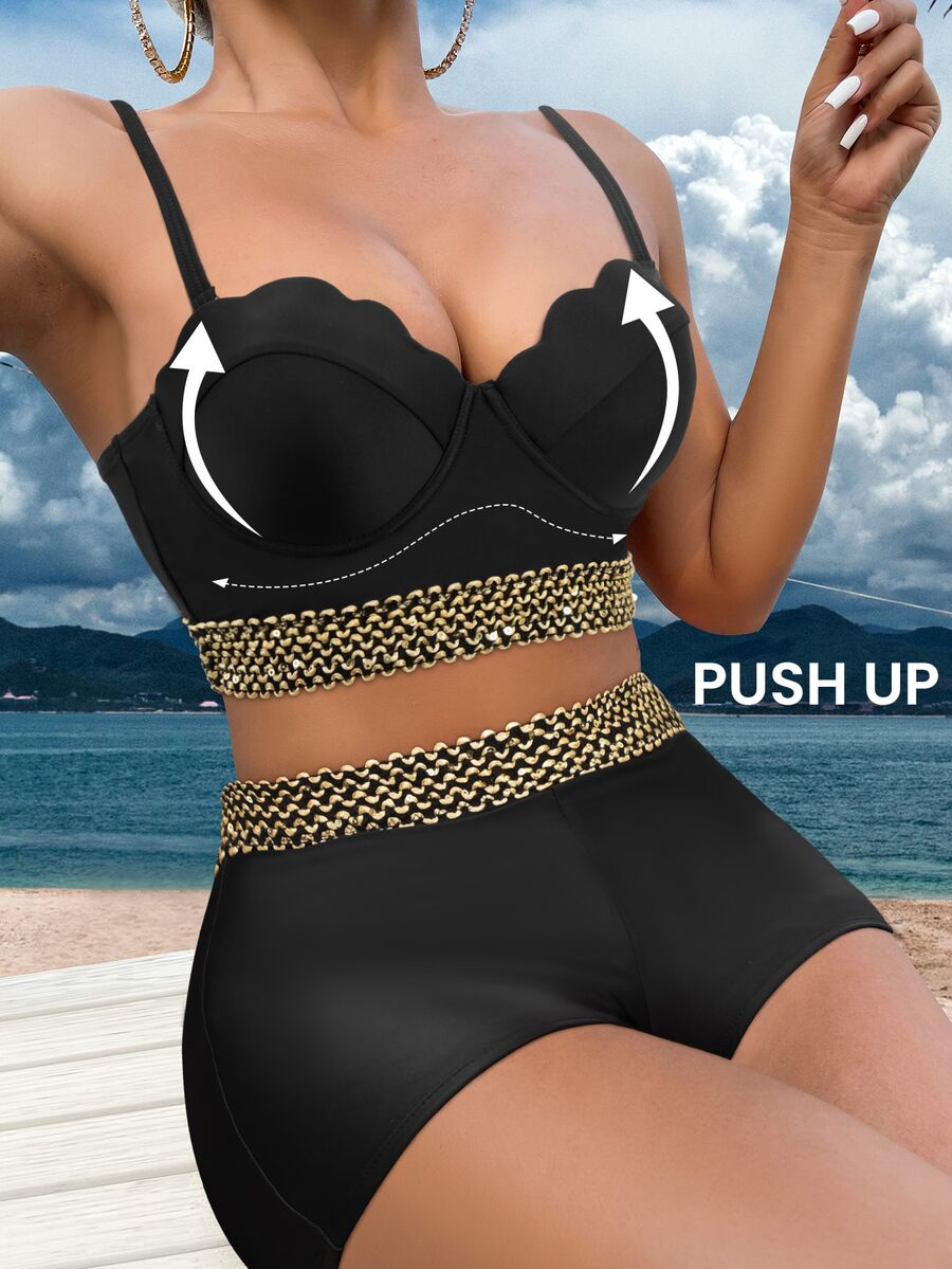 SHEIN Swim Stitch Tape Tankini Set Scallop Trim Push Up Cami Top & Shorts 2 Piece Bathing Suit,Summer Beach - Black - View 1
