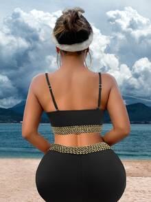 SHEIN Swim Stitch Tape Tankini Set Scallop Trim Push Up Cami Top & Shorts 2 Piece Bathing Suit,Summer Beach - Black - View 4