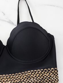 SHEIN Swim Stitch Tape Tankini Set Scallop Trim Push Up Cami Top & Shorts 2 Piece Bathing Suit,Summer Beach - Black - View 7