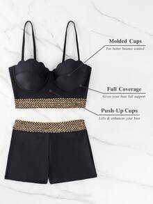 SHEIN Swim Stitch Tape Tankini Set Scallop Trim Push Up Cami Top & Shorts 2 Piece Bathing Suit,Summer Beach - Black - View 5