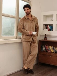 DAZY Autumn/Winter Thermal-Lined Khaki V-Neck Cardigan & Pants Comfortable Thermal Fabric Men's Loungewear Set - Khaki - View 7