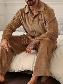 DAZY Autumn/Winter Thermal-Lined Khaki V-Neck Cardigan & Pants Comfortable Thermal Fabric Men's Loungewear Set - Khaki - View 1