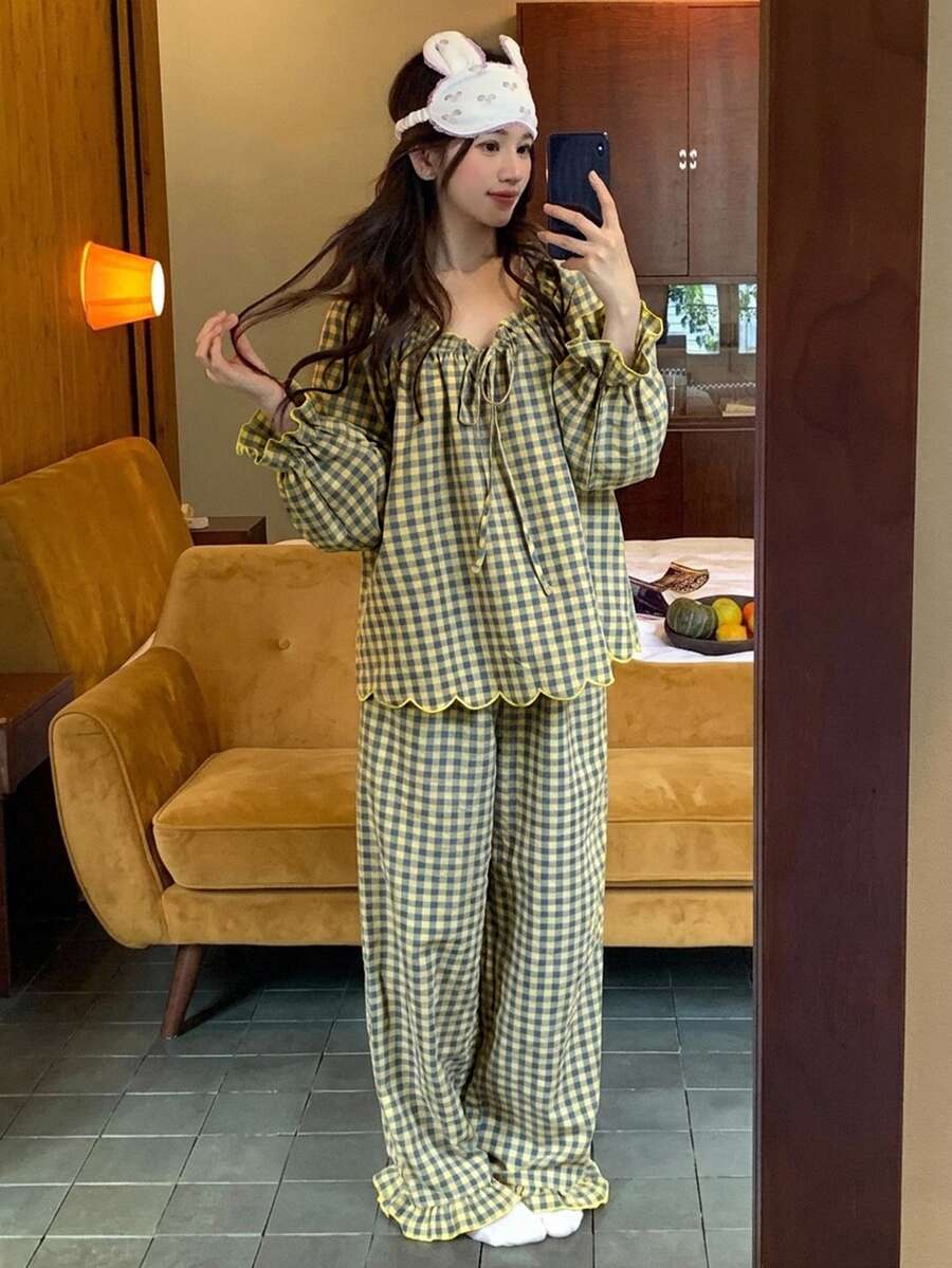 DAZY طقم بيجامة نسائي كاجوال يومي للمنزل والنوم بخطوط مربعة، ملابس علوية بأكمام طويلة وبنطلون، خريفي - أزرق فاتح اللون - مشاهدة 1