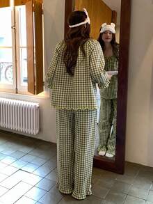 DAZY طقم بيجامة نسائي كاجوال يومي للمنزل والنوم بخطوط مربعة، ملابس علوية بأكمام طويلة وبنطلون، خريفي - أزرق فاتح اللون - مشاهدة 2