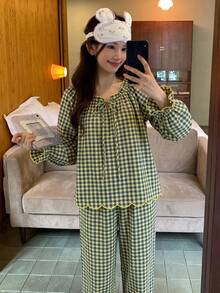 DAZY طقم بيجامة نسائي كاجوال يومي للمنزل والنوم بخطوط مربعة، ملابس علوية بأكمام طويلة وبنطلون، خريفي - أزرق فاتح اللون - مشاهدة 6