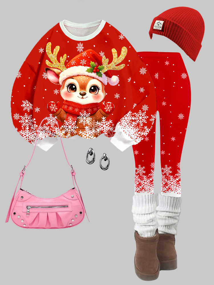 Tween Girls Casual Cute Fun Cartoon Christmas Reindeer Pattern, Gradient Snowflake, Christmas Red, Crew Neck Sweatshirt And Elastic Waist Long Pants Set, Fleece Lined For Autumn/Winter, Fall Style, Fall Outfits, Fall Sets, Christmas - Multicolor - View 3