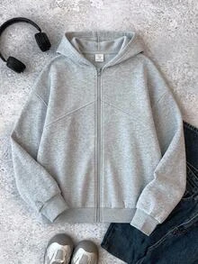 SHEIN Teen Girl Teen Girls Grey Basic Thermal Lined Hooded Zip Up Drop Shoulder Oversized Sweatshirt Sweatshirt Jacket Casual Daily Fall Winter - Grey - View 1