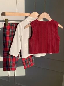 SHEIN طقم ملابس للأولاد الرضع: قميص مزين بفيونكة، جاكيت مضلعة، وبنطال كاروهات - الأحمر - مشاهدة 2