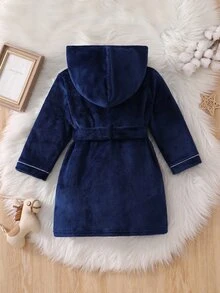 Autumn/Winter Boys Navy Blue Flannel Long Sleeve Robe, Thickened Thermal Lining, Classic Basic Style, Parent-Child Matching Brother Outfit - Navy Blue - View 2
