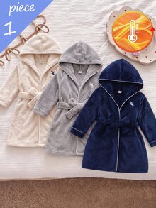 Autumn/Winter Boys Navy Blue Flannel Long Sleeve Robe, Thickened Thermal Lining, Classic Basic Style, Parent-Child Matching Brother Outfit - Navy Blue - View 5