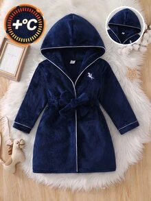 Autumn/Winter Boys Navy Blue Flannel Long Sleeve Robe, Thickened Thermal Lining, Classic Basic Style, Parent-Child Matching Brother Outfit - Navy Blue - View 1