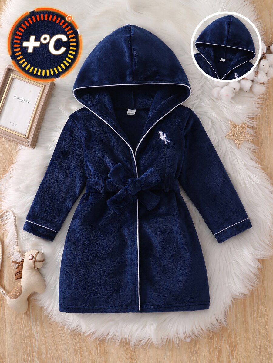 Autumn/Winter Boys Navy Blue Flannel Long Sleeve Robe, Thickened Thermal Lining, Classic Basic Style, Parent-Child Matching Brother Outfit - Navy Blue - View 1