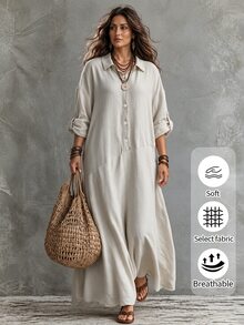 Linhara CURVE Fall Plus Size Women Long Sleeve Shirt Casual Corset Dress, Suitable For Daily Commute And Vacation Grey - Apricot - View 1