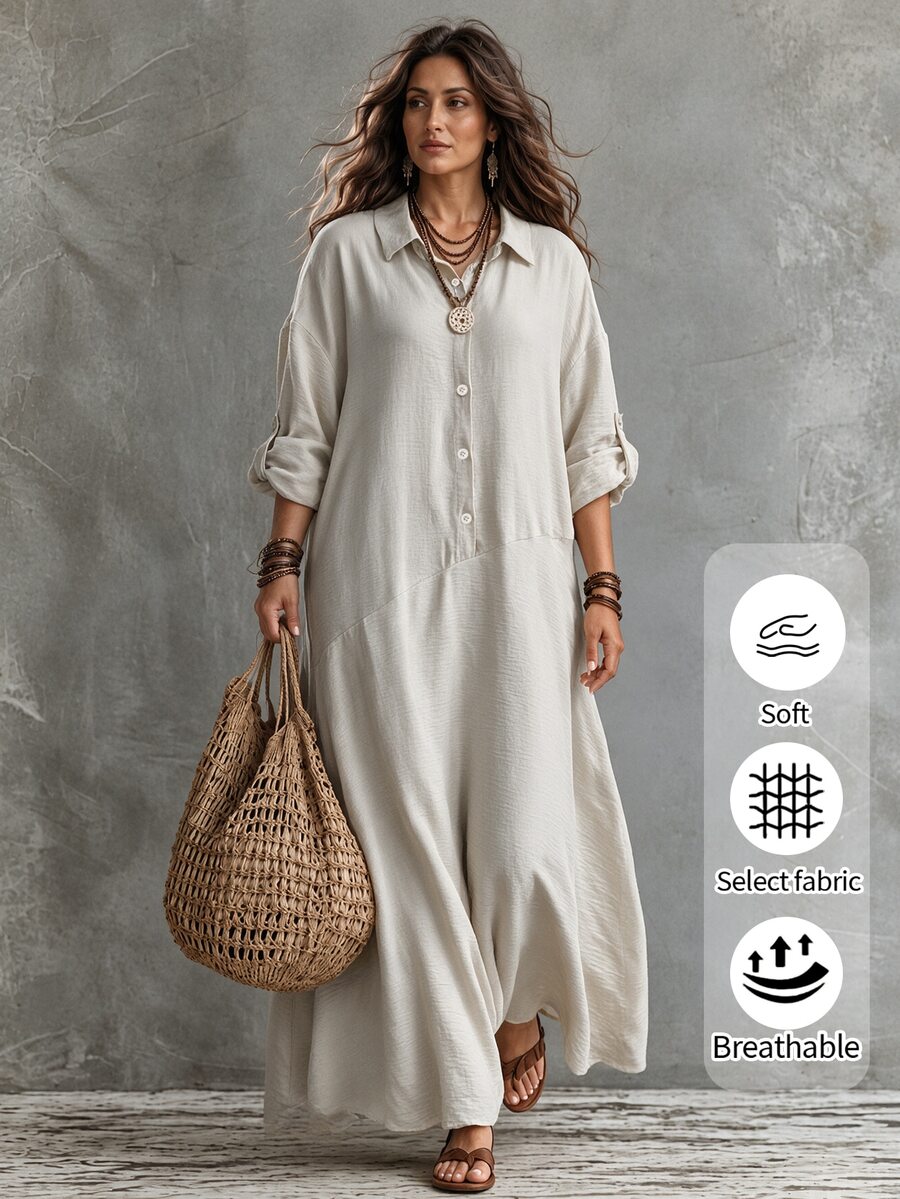 Linhara CURVE Fall Plus Size Women Long Sleeve Shirt Casual Corset Dress, Suitable For Daily Commute And Vacation Grey - Apricot - View 1
