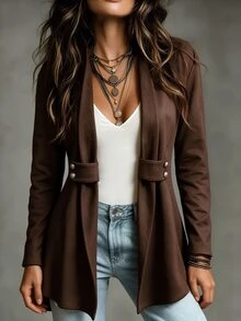 SHEIN Franclia Vintage Suede Lapel Blazer Jacket For Women, Gold Button Decor, Long Sleeve, Mid-Length Casual Cardigan - Coffee Brown - View 3