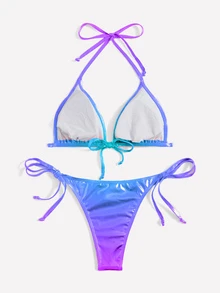 SHEIN Swim Basics 女士夏季海灘時尚漸變掛脖度假比基尼套裝 - 紫色 - 查看 3