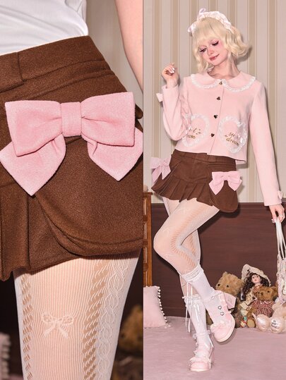 Kawaii Autumn/Winter Sweet Girl Brown Wool Pink Bow Decor Low Waist Women's Skirt
