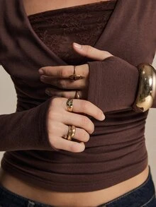 Poéselle Women's Brown Lace Insert Ruched Wrap Going Out Top, Long Sleeve Slim Fit Cotton Blend Shirt For Fall Layering, Date Night, Thanksgiving & Holiday Par - Brown - View 2