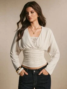 Poéselle Women's Lace Patchwork Wrap Top, Y2K Romantic Elegant Long Sleeve Ruched Corset Waist Cotton Blend Blouse, Fall Thanksgiving Christmas Brunch Beige - Apricot - View 4