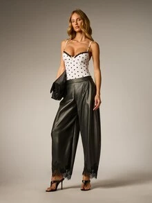 AiiRZ Polka Dot Sweetheart Neck Bustier Bodysuit With Lace Trim Black Bow Detail And Adjustable Spaghetti Straps - Multicolor - View 4