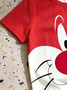 LOONEY TUNES X SHEIN GraphicGems Baby Boy Round Neck Cartoon Print Short Sleeve T-Shirt And Shorts Casual Daily Outfit - Red - View 5