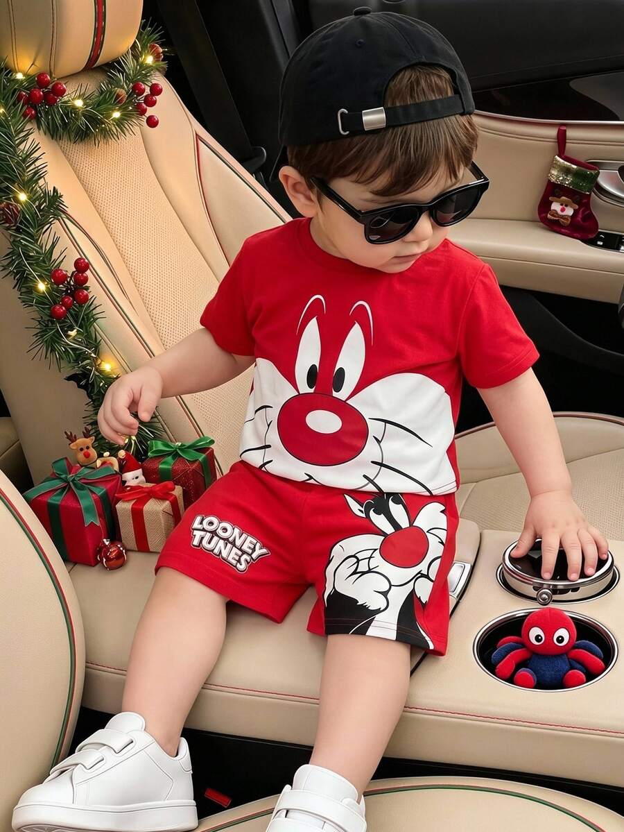 LOONEY TUNES X SHEIN GraphicGems Baby Boy Round Neck Cartoon Print Short Sleeve T-Shirt And Shorts Casual Daily Outfit - Red - View 1