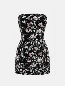 Lost Ink Elegant Black Strapless Straight Neck Bodycon Party Mini Dress With Silver Pink And Green Floral Sequins - Multicolor - View 7