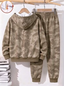 2pcs Tween Boys Sweatshirt Set Street Activewear Baggy Khaki Camo Letter Print Loose Hooded Fleece Lined School Fall Winter Back To School Gift - Multicolor - View 2