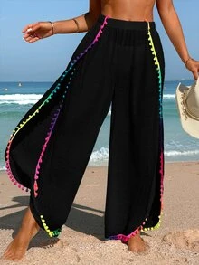 SHEIN Swim 夏季服装 女士彩色装饰简约日常罩衫 夏季 - 黑色 - 查看 1
