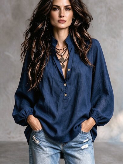 SHEIN เสื้อเบลาส์ผู้หญิงลำลองทรงหลวมคอวีเปิด แขนยาว สีน้ำเงินเข้ม แบบติดกระดุม เสื้อท็อปพื้นฐาน สำหรับฤดูร้อนและฤดูใบไม้ร่วง สไตล์คันทรี ใส่ได้ทุกวัน ไปทำงาน ไปเที่ยวพักผ่อน และออกไปข้างนอก