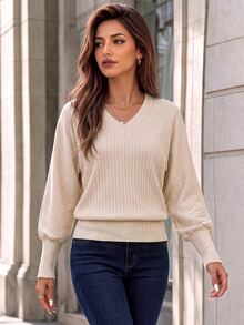 Editum Women's Solid Color V-Neck Casual Daily Long Sleeve Sweatshirt Brunch Office Beige - Apricot - View 6