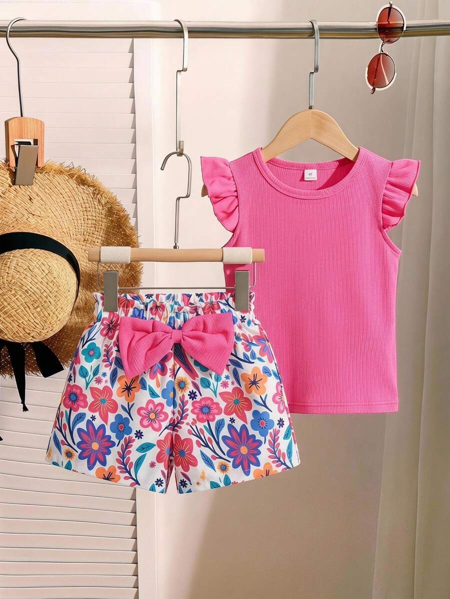 SHEIN Young Girls 2pcs Set, White Knit Round Neck Flutter Sleeve Top And Matching Ditsy Floral Bow Decor Short Pants, Summer Family Vacation Outfits Baby