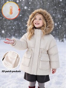 SHEIN Girls' Waist-Cinching Hooded Padded Padded Coat With Thermal Lining, Thick Padded, Zipper Closure, Faux Drawstring, Snug Fit Padded Coat Winter - Khaki - View 3
