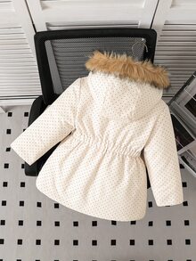 SHEIN Girls' Waist-Cinching Hooded Padded Padded Coat With Thermal Lining, Thick Padded, Zipper Closure, Faux Drawstring, Snug Fit Padded Coat Winter - Khaki - View 2