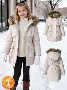 SHEIN Girls' Waist-Cinching Hooded Padded Padded Coat With Thermal Lining, Thick Padded, Zipper Closure, Faux Drawstring, Snug Fit Padded Coat Winter - Khaki - View 4