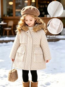 SHEIN Girls' Waist-Cinching Hooded Padded Padded Coat With Thermal Lining, Thick Padded, Zipper Closure, Faux Drawstring, Snug Fit Padded Coat Winter - Khaki - View 6