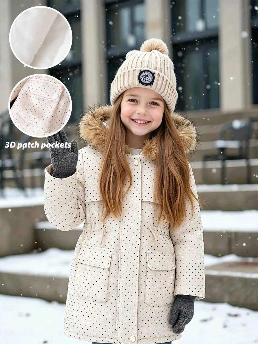 SHEIN Girls' Waist-Cinching Hooded Padded Padded Coat With Thermal Lining, Thick Padded, Zipper Closure, Faux Drawstring, Snug Fit Padded Coat Winter - Khaki - View 1