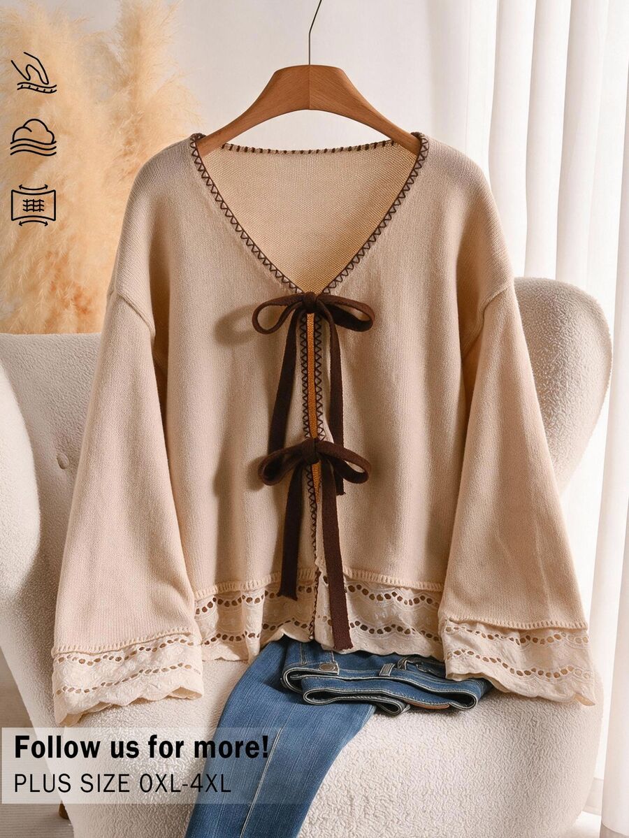 CosyJoli Plus Size Elegant French Casual Houndstooth Patchwork Woven & Knit Contrast Color Bow Cardigan Fall/Winter Jacket For Women Casual Thanksgiving Dress