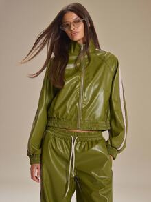 MUSERA Faux Leather Zip Through Stripe Shoulder Cinched Waist Jacket Winter Fall Cute Everyday Coolgirl Mullburn Hill - Green - View 1