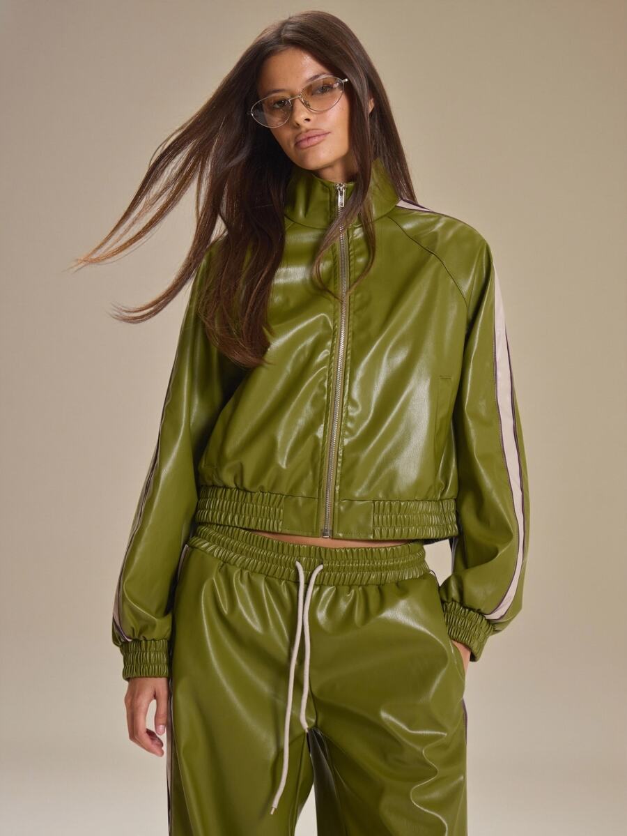 MUSERA Faux Leather Zip Through Stripe Shoulder Cinched Waist Jacket Winter Fall Cute Everyday Coolgirl Mullburn Hill - Green - View 1