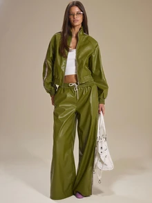 MUSERA Faux Leather Zip Through Stripe Shoulder Cinched Waist Jacket Winter Fall Cute Everyday Coolgirl Mullburn Hill - Green - View 2